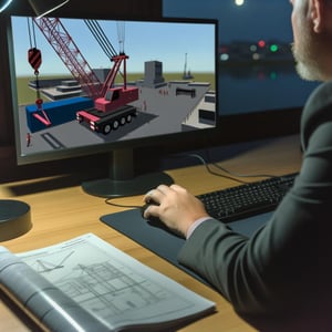 This image shows a white male engaging in online training for crane and rigging operations